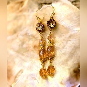 Victorian Fruity Peach & Pink Swarovski Crystal Flowers & Glass In Long Earrings